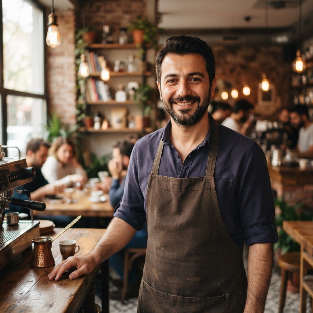 Kerem Doğan, barista, espresso makinesinin başında